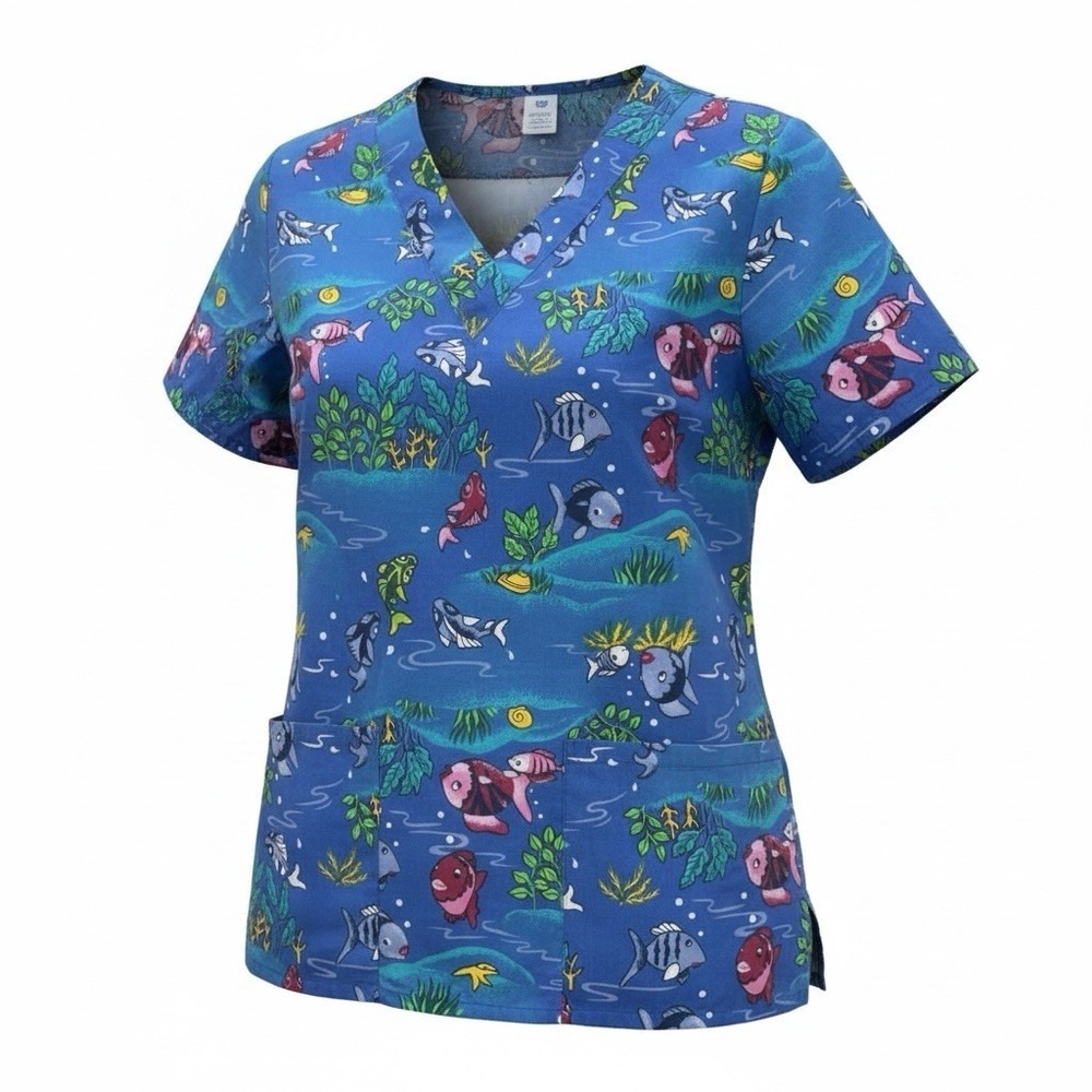 Scrubtime Women's V Neck Scrub Top Size Small Underwater Ocean Theme With Fish